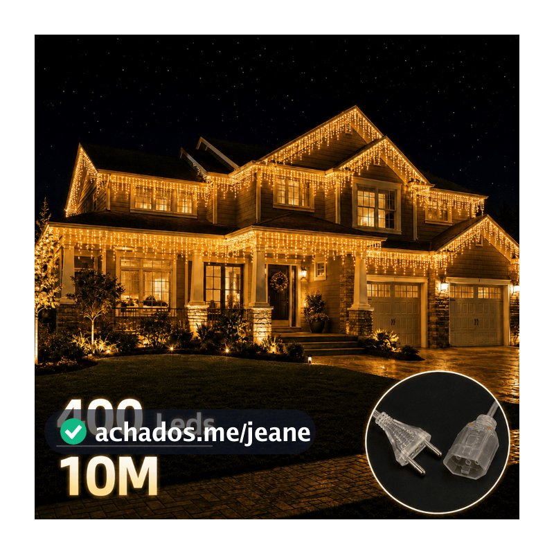 Cascata de Natal 400 Leds 8 Funções 10m – Branco Frio, Quente e Colorido Decoração
