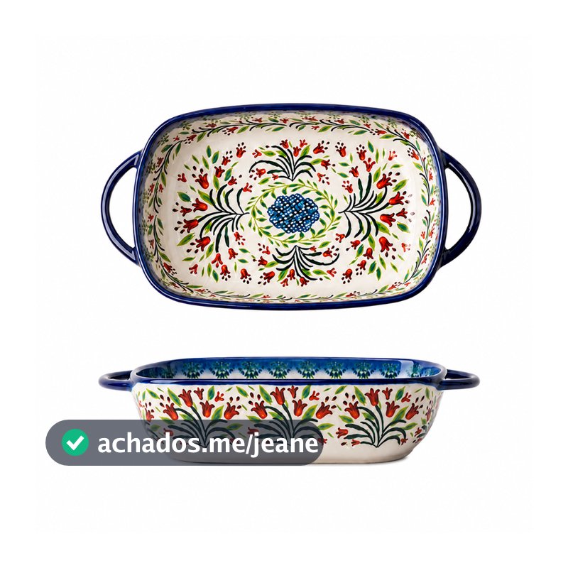 Travessa Retangular de Cerâmica com Alças Duplas 730ml Assadeira Floral Azul Estilo Polonês para Forno
