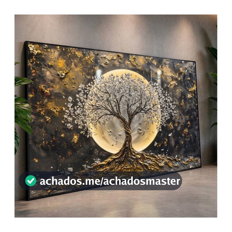 Quadro Decorativo 112X82 Full HD Lua Dourada Árvore Branca Paisagem Luxo Sala Quarto