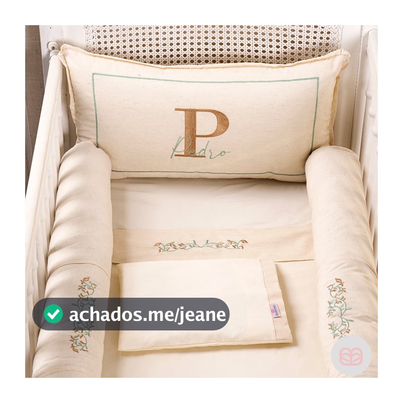 Kit Berço Americano Linho Personalizado Nome Ramos Verde Enxoval Bebe Menino Brubrelel