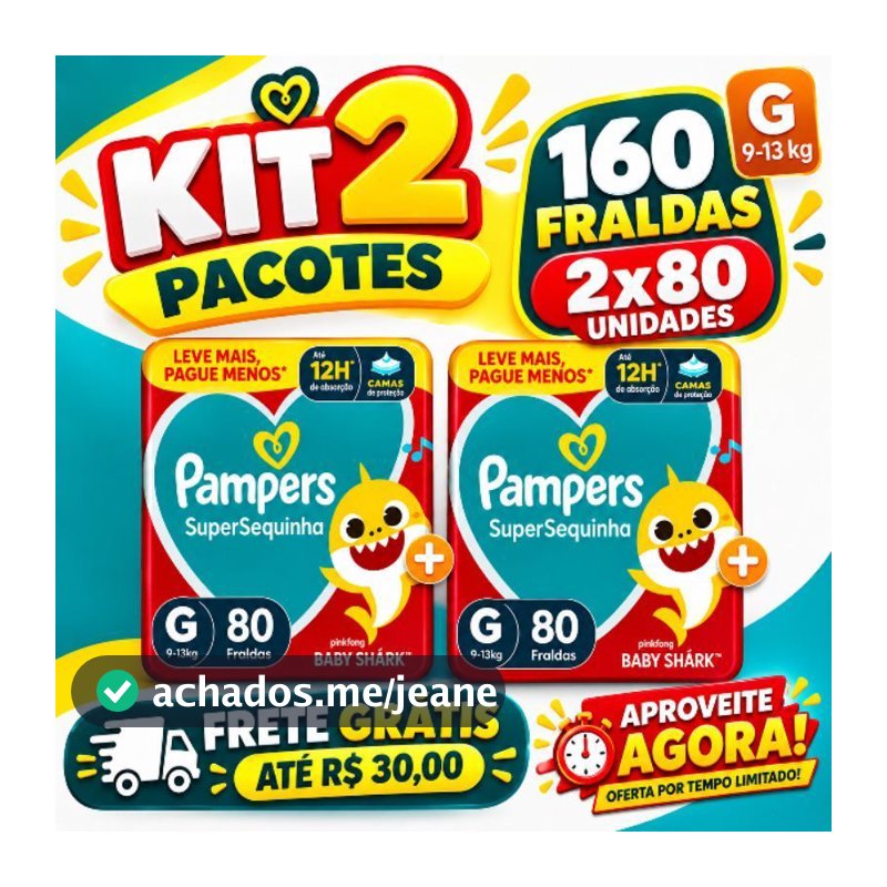 FRALDA PAMPERS SUPERSEQUINHA - KIT 2 PACOTES - TAMANHO G - TOTAL DE  160 UNIDADES - BABY SHARK