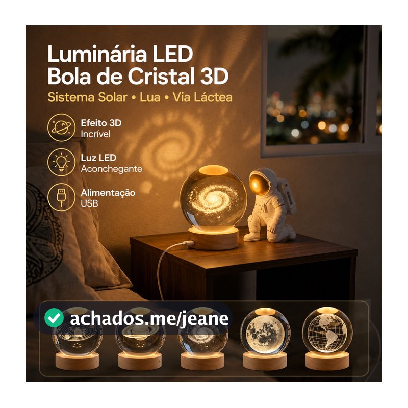 Luminária de Mesa LED Bola de Cristal 3D com Base de Madeira Lua Sistema Solar Via Láctea USB para Quarto