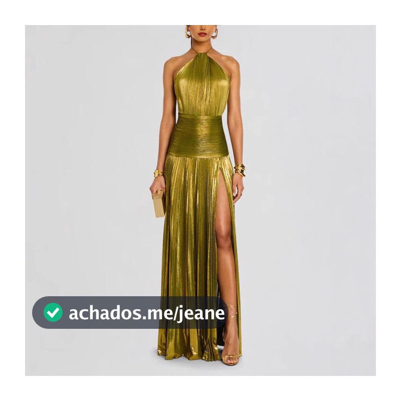 Vestido Longo Metálico Plissado Com Gravata Dividida , Gola Halter , Sem Mangas , Costas Nuas