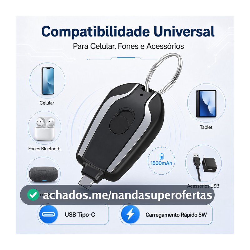 Carregador Portátil Chaveiro Tipo-C de Emergência Mini Power Bank