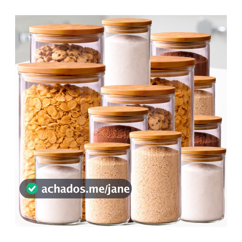 Kit 13 Potes Herméticos De Vidro Borossilicato Tampa Bambu Variados Alimentos Cereais Olivini Home