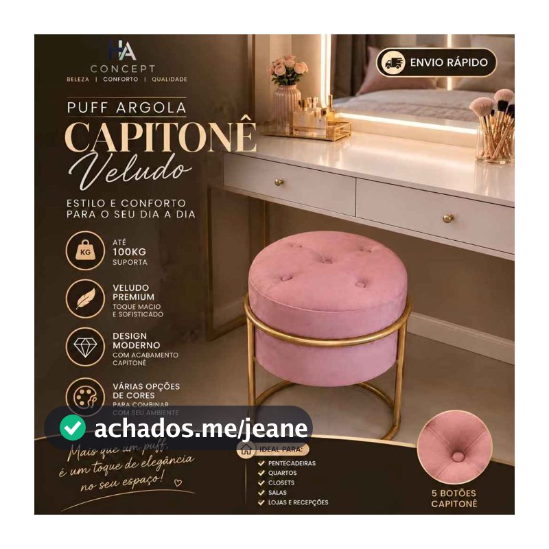 Puff redondo capitonê Decorativa com Argola de Ferro Dourado – Ideal para Quarto, Sala e Penteadeira