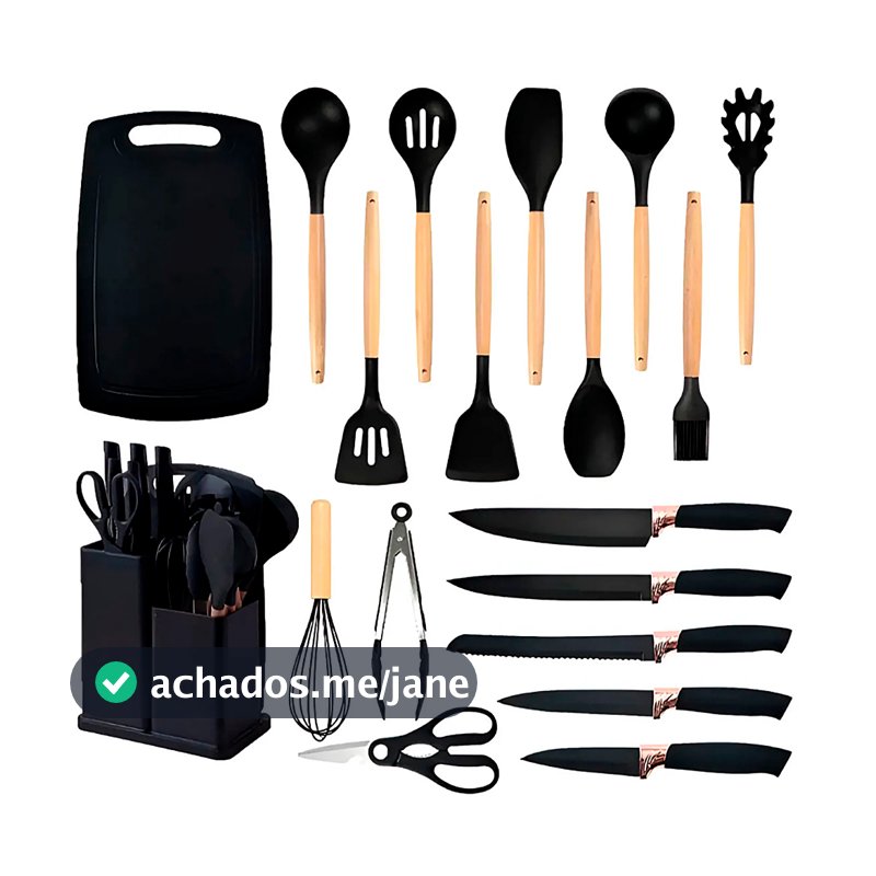 Kit Conjunto De 19 Peças Utensílios Cozinha Silicone Tabua Cor Preto