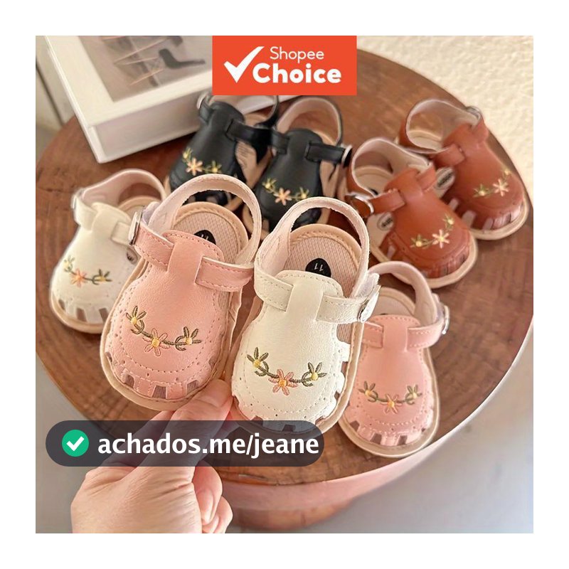 Sandálias De Verão Para Bebês De 0 A 1 Ano , Couro PU Antiderrapante , Flor Bordada , Sapatos Infantis De Praia Crianças