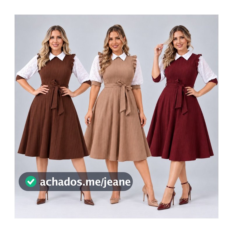 Vestido Midi Rodado Babado no Ombro Gola Flat Manga Princesa 3/4 Laço Cintura Moda Evangélica Brasil