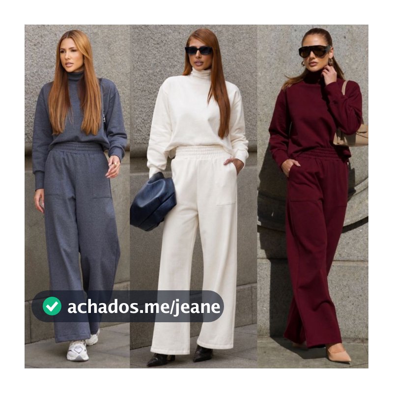 Conjunto Moletom Flanelado Premium Feminino Calça Pantalona Blusa Gola Alta Elegante