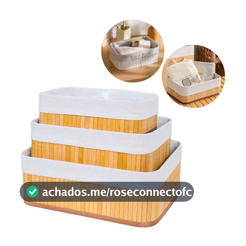 Kit 3 Cestos Organizadores de Bambu Multiuso com Forro