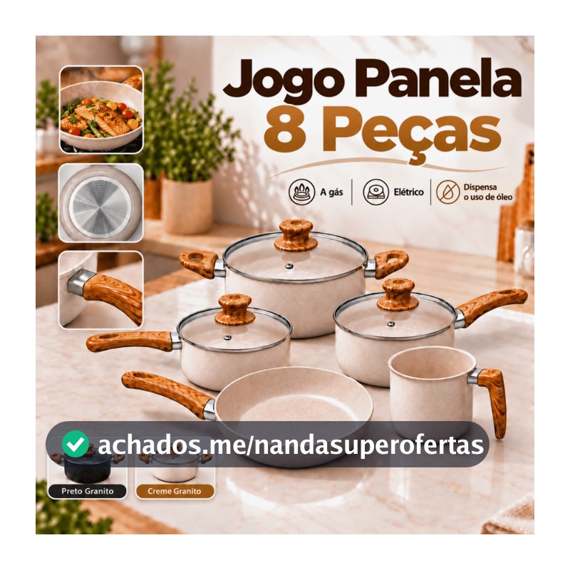 Conjunto de Panelas 8 Peças Caçarola Frigideira Cerâmica Antiaderente Premium Tampa Vidro Temperado
