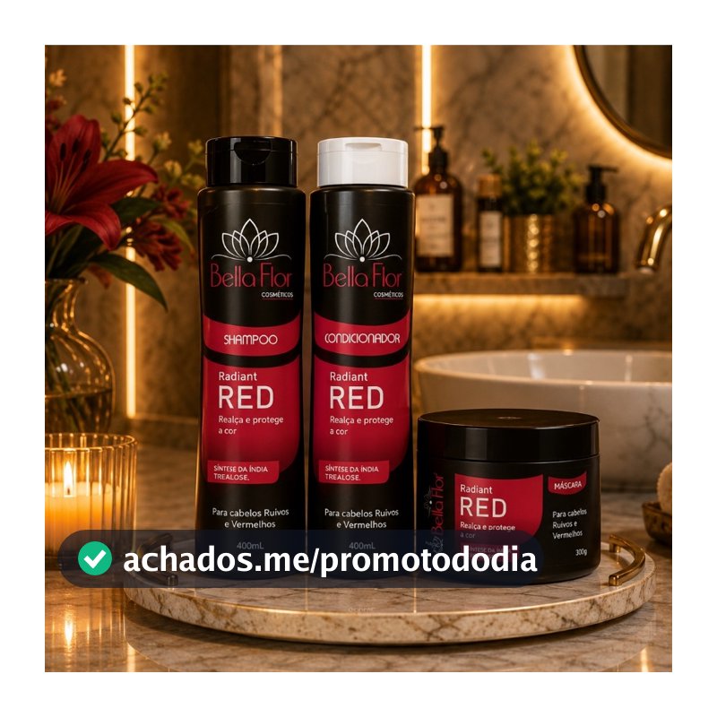 Kit Capilar Radiante Red 3 Produtos Shampoo Condicionador Máscara Bella Flor Ruivos Brilho Profissional