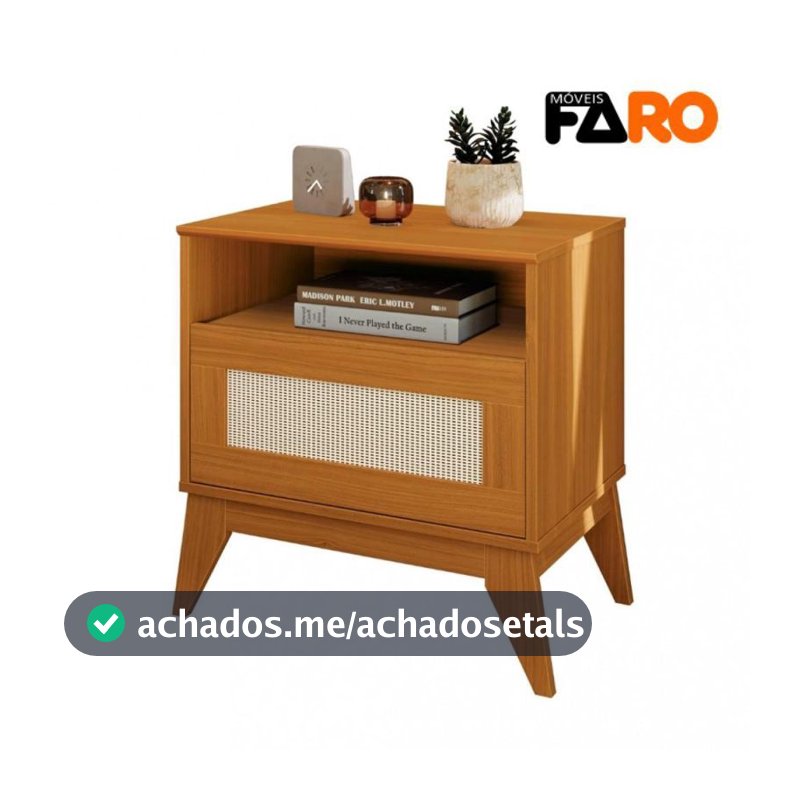 Mesa de Cabeceira Retrô Rattan com 1 Gaveta e Nicho - Pés em MDF EDN