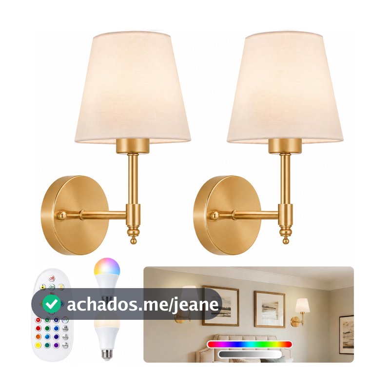 Kit 2 Arandela De Parede LED Dourada, Cúpula Tecido Bege RGB Controle Remoto Para Quarto e Sala
