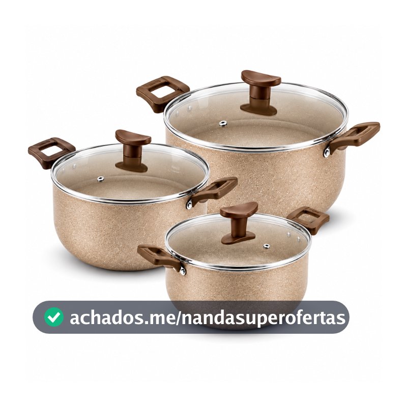 Kit com 3 Caçarolas Antiaderentes  Varias Cores – Inclui Panela Grande  com Tampas de Vidro Temperado+brinde Talher