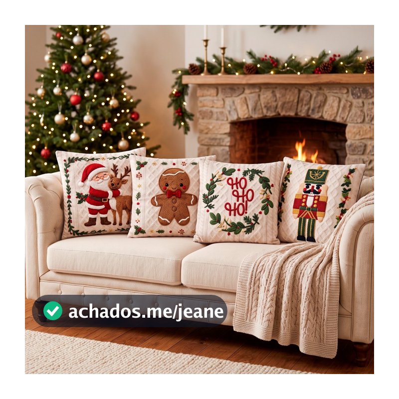Kit Com 04 Capas de Almofadas Natal 40x40 Tecido Suede Aveludado Elegante Sofisticado Premium Sublimação Efeito Realista