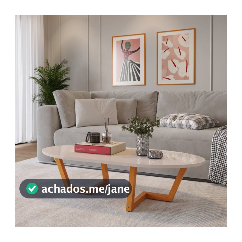 Mesinha De Centro Sala de Estar Moriá Oval Pés De Madeira Maciça Decoração Moderna