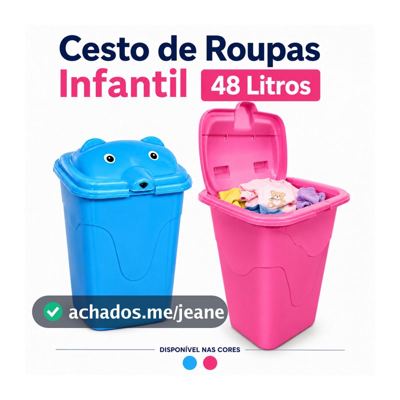 Cesto Roupa Suja Infantil Ursinho 48L com Tampa Organizador Bebê Brinquedos Lavanderia Resistente
