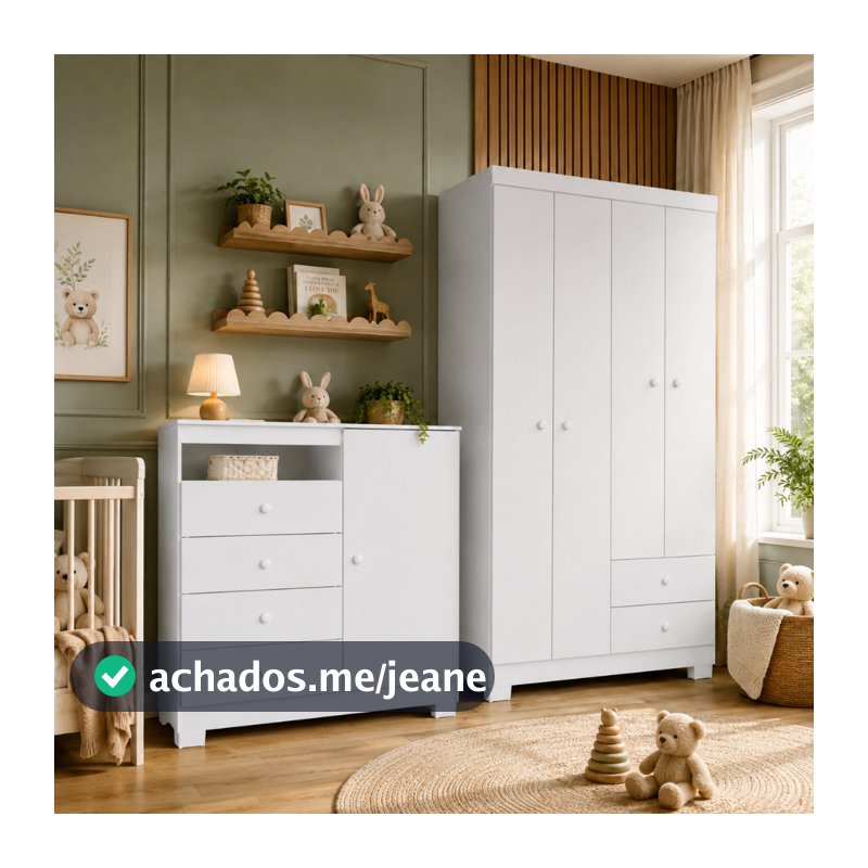 Kit Quarto Infantil Guarda Roupa 4 Portas 2 Gavetas com Cômoda 4 Gavetas Flex Branco Rosa Azul