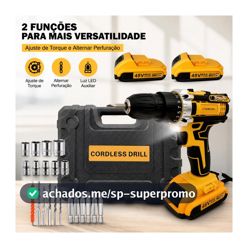 Parafusadeira Furadeira 48V Íon-Lítio Sem Fio, 2 Baterias, Maleta Resistente e Kit Completo de Acessórios