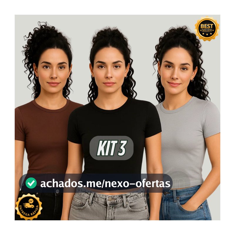 Kit 3 Baby Tee Feminina – Blusa Básica Slim Manga Curta