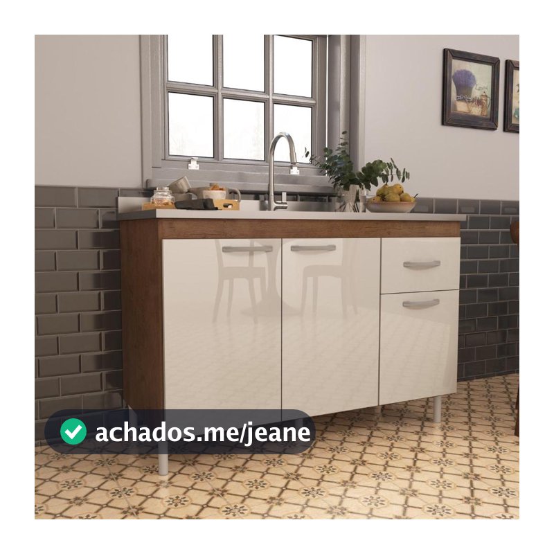 Balcão de Cozinha para Pia de 120cm Sem Tampo Suiça Fidelitá 3 Portas 1 Gaveta Noce/Off-White