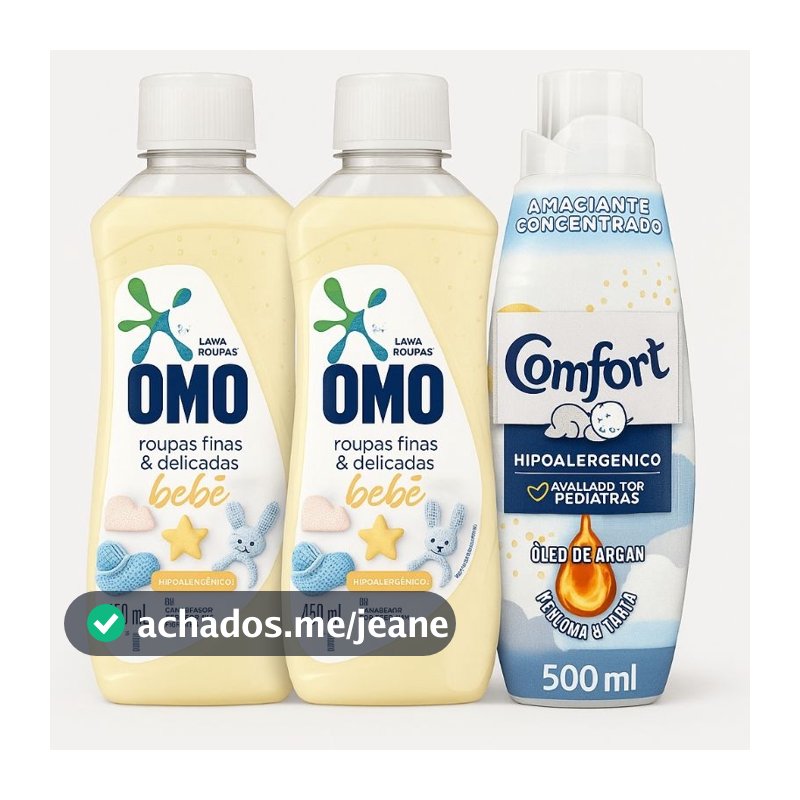 Kit Completo para Lavanderia do Bebê – OMO + ComfortEste kit inclui 2 Lava Roupas OMO Bebe 1 Comfort Puro 500ml