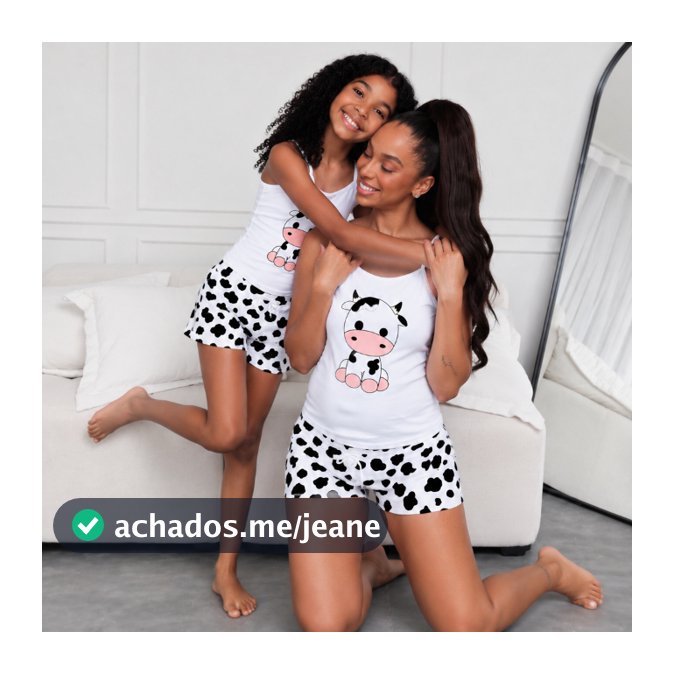Conjunto Kit Tal Mãe e Filha Pijama Feminino Vaca Preta