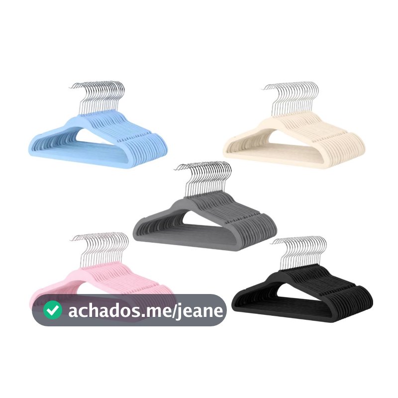 Kit 30 Cabides Infantis Baby de Veludo Antideslizante Azul, Rosa, Bege e Preto 29,5cm