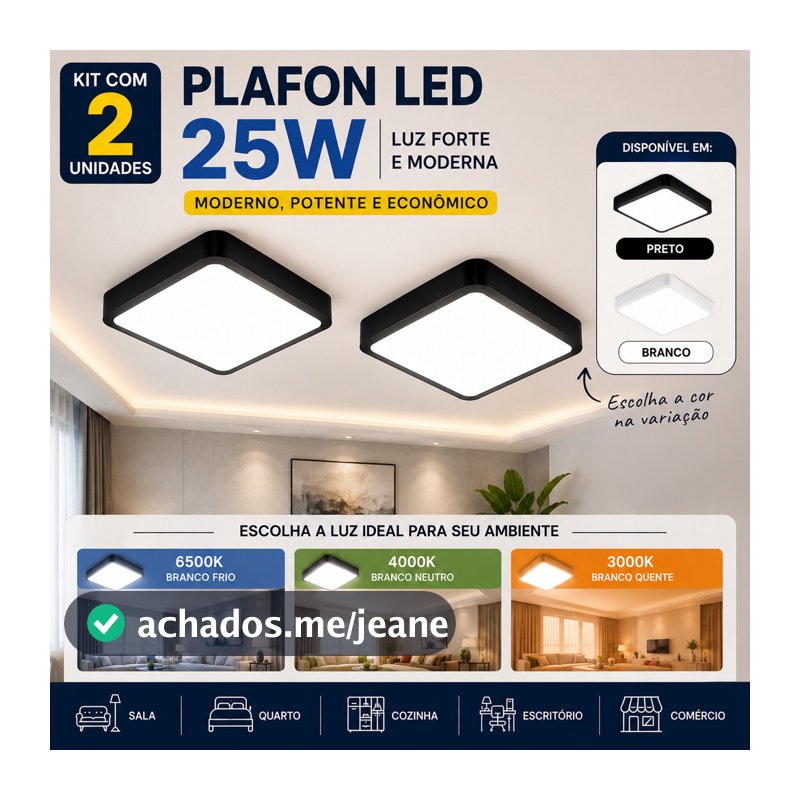 Kit 2 Plafon LED 25W Sobrepor Quadrado Bivolt – Luz Forte e Fácil Instalação