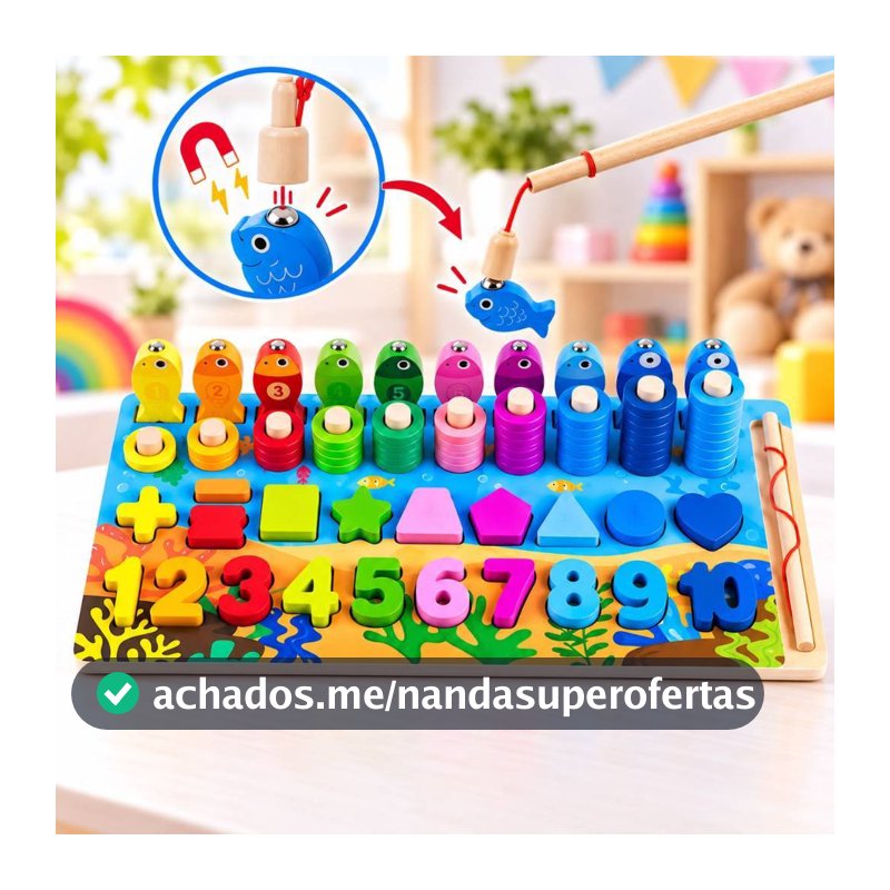 Brinquedo Educativo De Encaixe E Pescaria Magnético de Madeira Montessori Colorido