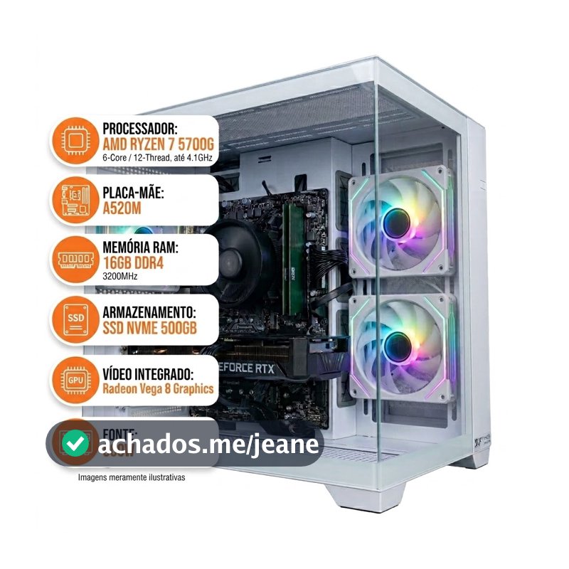 PC Gamer Hertz Ryzen 7 5700G 32GB OU 16GB RAM SSD NVME 500GB Radeon Vega 8 Fonte 500W Com 3 Fans