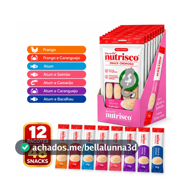 Petisco Snack Cremoso Nutrisco para Gatos 48 Unidades 12 Pacotes Sabores Frango, Atum e Salmão caranguejo vários sabores