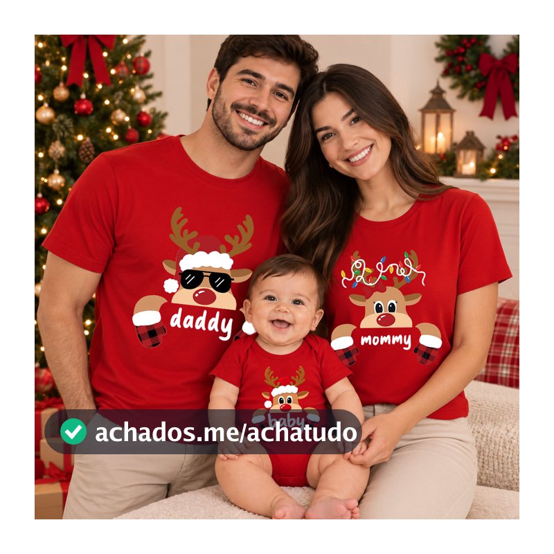 Kit Família Natal Camiseta Papai Mamãe e Body Bebê Estampa Rena Roupa Natalina Look em Família