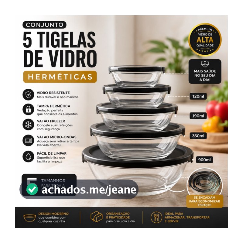 Conjunto Tigela Vidro Bowl Marmita Tampa 5 Peças Herméticos Cozinha Refeições