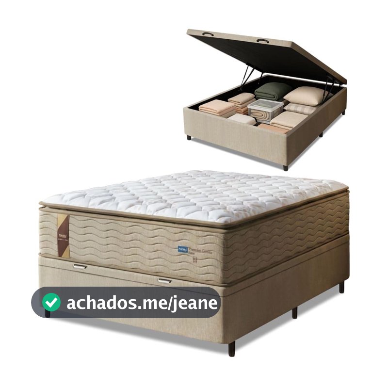 Cama Box Baú Colchão Casal Probel Molas Guarda Costas Max Pillow Top 138x188x81cm Branco / Bege