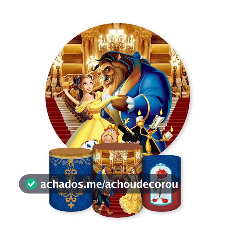 Kit Capa Painel Redondo + Capas Cilindros Sublimados Para Festas Tema A Bela e a Fera