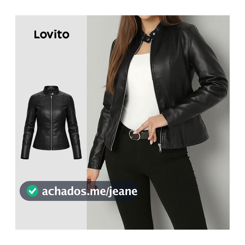 Lovito Jaqueta Casual com Zíper e Botões Preta Outono/inverno para Mulheres LK6LD412