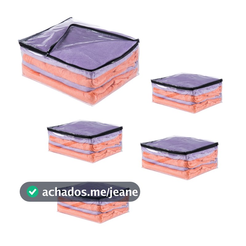 Kit 5 Saco Embalagem Multiuso Guarda Roupa Edredom Toalhas Transparente 100% Pvc e Ziper Preto