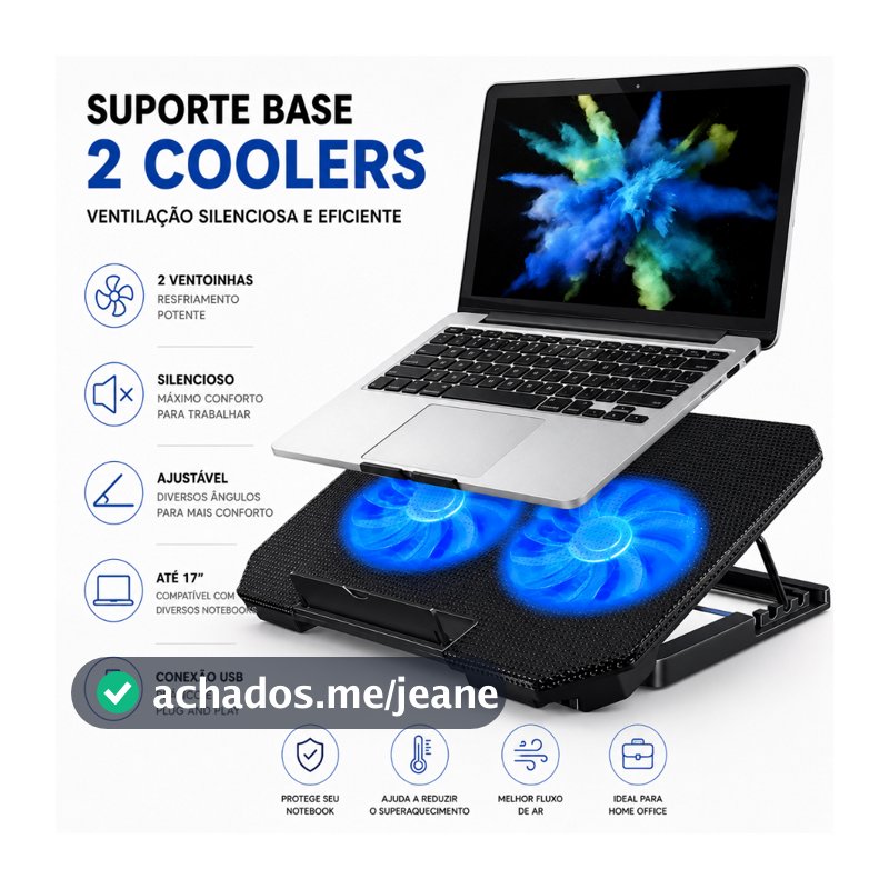 Suporte Base Refrigerada Notebook 2 Coolers Ventilação Silenciosa Ajustável USB Até 17” Gamer Home Office