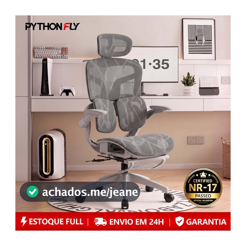 Cadeira Ergonômica com Encosto 4D e Coluna S – Mesh Respirável, 3 Posições, Ajuste de Altura, Ideal para Home Office