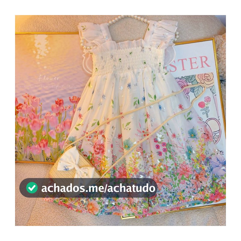 Vestido Infantil com Chapéu de Palha Estilo Princesa Floral Doce para o Verão