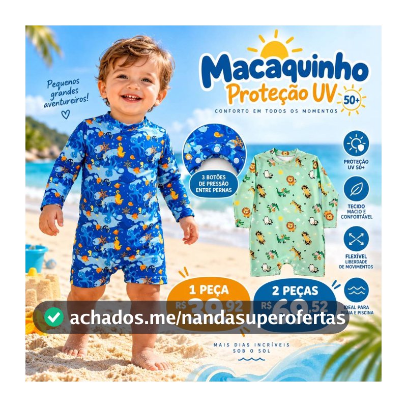 Macaquinho Menino Bebê Praia Com Proteção Solar Uv50+ M ao 3 Anos Romper Praia e Piscina
