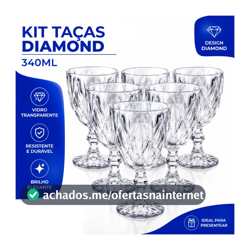 Jogo Taças Vidro 340Ml Diamond Bico Jaca Abacaxi Conjunto Taça Para Água Vinho Tinto Suco Diamante