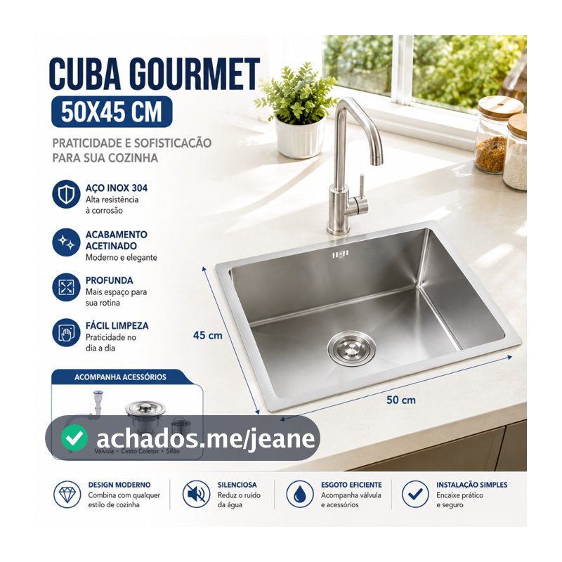 Cuba Pia Gourmet Inox Quadrada Cozinha Luxo 50x45 Com Acessórios