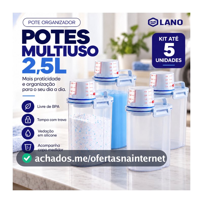 Até 5 Potes Herméticos Multiuso 2,5L com Bico Dosador Porta Ração Pet Sabão em Pó Lavanderia Alimentos Grãos Organizador