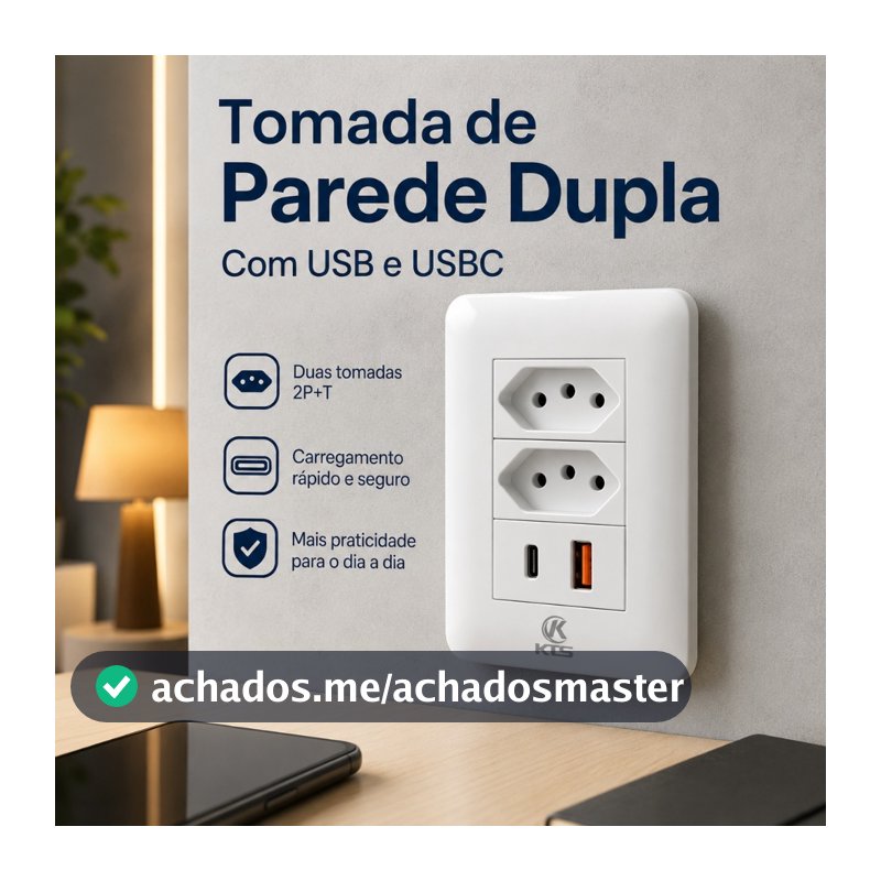 Tomada De Parede Dupla USB E USB-C Carregador Rápido 4 Em 1 Bivolt 110v 220v 10A Branco