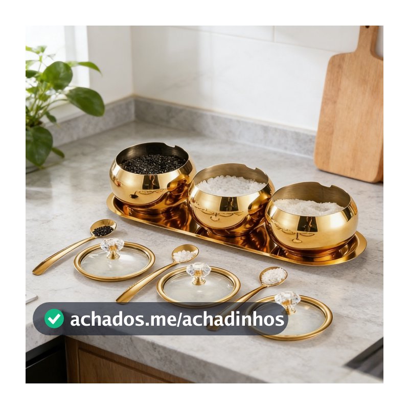 Kit3 Potes Açúcar Condimentos Com Bandeija Aço Inox 304 Esférico Cozinha Luxuoso Moderno Organizador