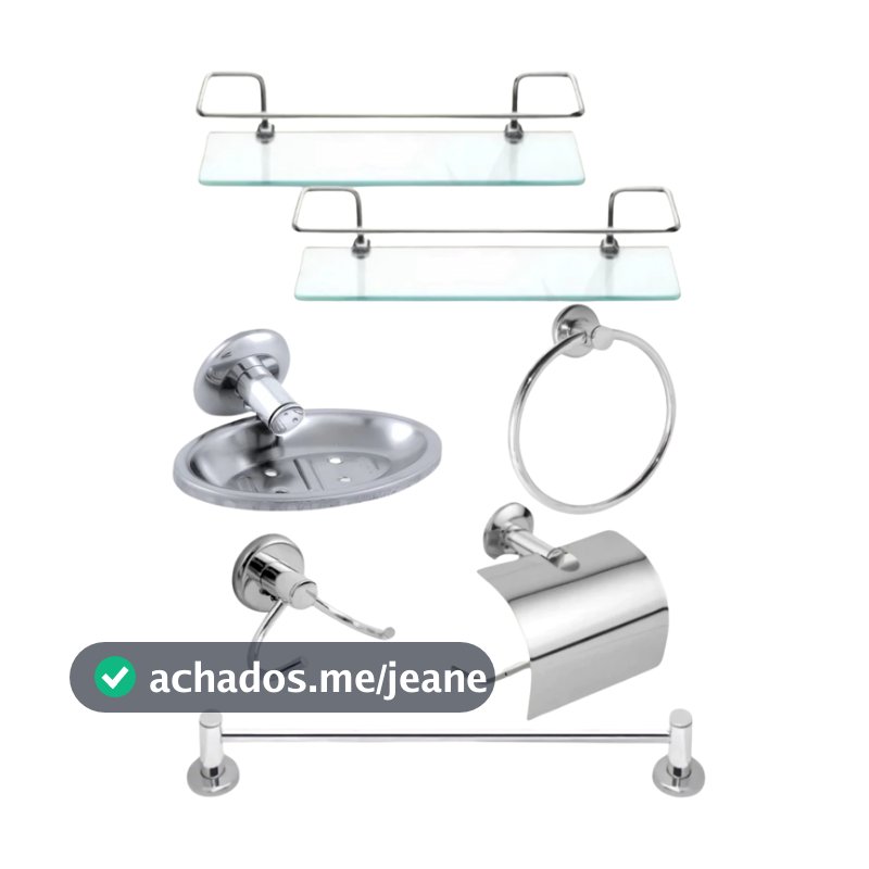 Kit Acessórios 5 Peças Completo Banheiro Inox + 2 Porta Shampoo Prateleira Suporte Reto Vidro Incolor Organizador
